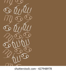 Seamless  vertical pattern  of zodiac signs, doodles, object,cancer,virgo,copy space. Hand drawn.