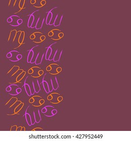 Seamless  vertical pattern  of zodiac signs, doodles, object,cancer,virgo,copy space. Hand drawn.