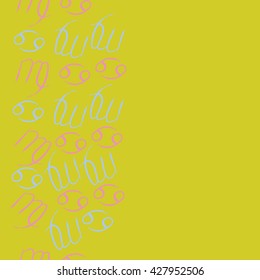 Seamless  vertical pattern  of zodiac signs, doodles, object,cancer,virgo,copy space. Hand drawn.