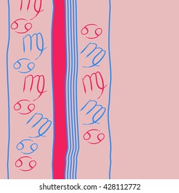 Seamless vertical pattern of zodiac signs, doodles, object,cancer,virgo, stripes, spot, copy space. Hand drawn.