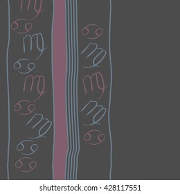 Seamless vertical pattern of zodiac signs, doodles, object,cancer,virgo, stripes, spot, copy space. Hand drawn.