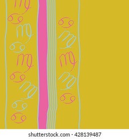 Seamless vertical pattern of zodiac signs, doodles, object,cancer,virgo, stripes, spot, copy space. Hand drawn.