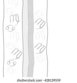 Seamless vertical pattern of zodiac signs, doodles, object,cancer,virgo, stripes, spot, copy space. Hand drawn.