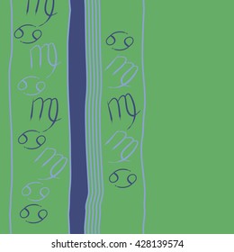 Seamless vertical pattern of zodiac signs, doodles, object,cancer,virgo, stripes, spot, copy space. Hand drawn.