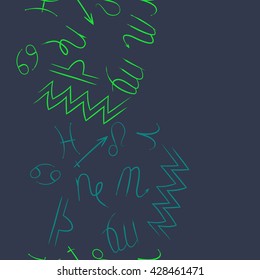 Seamless vertical pattern of zodiac signs, doodles, object,cancer,virgo,aries,cancer,lion,scorpio,sagittarius,capricorn,aquarius,pisces, copy space . Hand drawn.