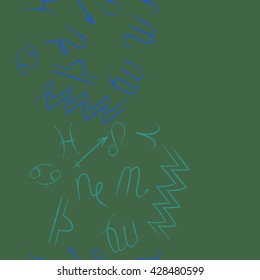 Seamless vertical pattern of zodiac signs, doodles, object,cancer,virgo,aries,cancer,lion,scorpio,sagittarius,capricorn,aquarius,pisces, copy space . Hand drawn.