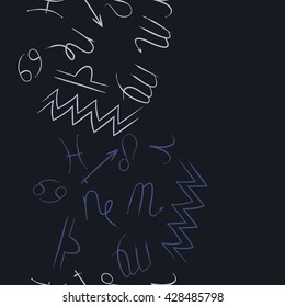 Seamless vertical pattern of zodiac signs, doodles, object,cancer,virgo,aries,cancer,lion,scorpio,sagittarius,capricorn,aquarius,pisces, copy space . Hand drawn.