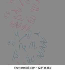 Seamless vertical pattern of zodiac signs, doodles, object,cancer,virgo,aries,cancer,lion,scorpio,sagittarius,capricorn,aquarius,pisces, copy space . Hand drawn.