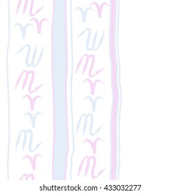 Seamless vertical  pattern of zodiac signs, doodles,  object,aries,scorpio,stripes, spot, copy space. Hand drawn.