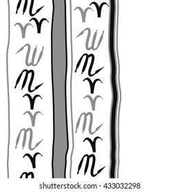 Seamless vertical  pattern of zodiac signs, doodles,  object,aries,scorpio,stripes, spot, copy space. Hand drawn.