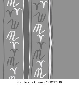 Seamless vertical  pattern of zodiac signs, doodles,  object,aries,scorpio,stripes, spot, copy space. Hand drawn.