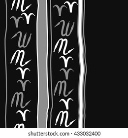 Seamless vertical  pattern of zodiac signs, doodles,  object,aries,scorpio,stripes, spot, copy space. Hand drawn.