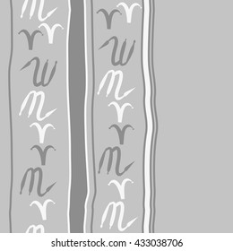 Seamless vertical  pattern of zodiac signs, doodles,  object,aries,scorpio,stripes, spot, copy space. Hand drawn.
