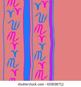 Seamless vertical  pattern of zodiac signs, doodles,  object,aries,scorpio,stripes, spot, copy space. Hand drawn.
