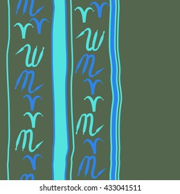 Seamless vertical  pattern of zodiac signs, doodles,  object,aries,scorpio,stripes, spot, copy space. Hand drawn.