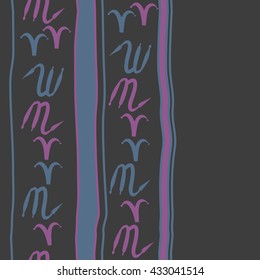 Seamless vertical  pattern of zodiac signs, doodles,  object,aries,scorpio,stripes, spot, copy space. Hand drawn.