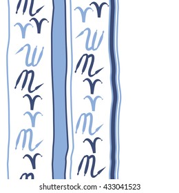 Seamless vertical  pattern of zodiac signs, doodles,  object,aries,scorpio,stripes, spot, copy space. Hand drawn.