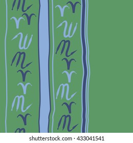 Seamless vertical  pattern of zodiac signs, doodles,  object,aries,scorpio,stripes, spot, copy space. Hand drawn.