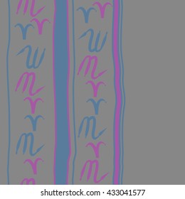 Seamless vertical  pattern of zodiac signs, doodles,  object,aries,scorpio,stripes, spot, copy space. Hand drawn.