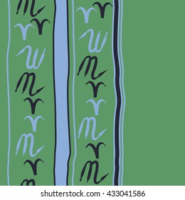 Seamless vertical  pattern of zodiac signs, doodles,  object,aries,scorpio,stripes, spot, copy space. Hand drawn.