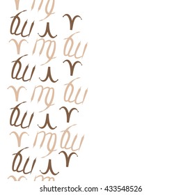 Seamless vertical  pattern of zodiac signs, doodles,  object,aries,virgo, copy space. Hand drawn.