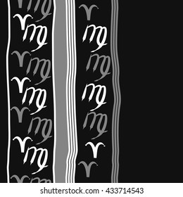 Seamless  vertical  pattern of zodiac signs, doodles,  object,aries,virgo, stripes, spot, copy space. Hand drawn.
