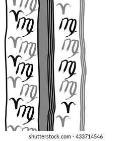 Seamless  vertical  pattern of zodiac signs, doodles,  object,aries,virgo, stripes, spot, copy space. Hand drawn.