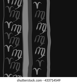 Seamless  vertical  pattern of zodiac signs, doodles,  object,aries,virgo, stripes, spot, copy space. Hand drawn.