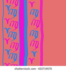 Seamless  vertical  pattern of zodiac signs, doodles,  object,aries,virgo, stripes, spot, copy space. Hand drawn.
