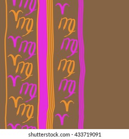 Seamless  vertical  pattern of zodiac signs, doodles,  object,aries,virgo, stripes, spot, copy space. Hand drawn.