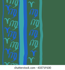 Seamless  vertical  pattern of zodiac signs, doodles,  object,aries,virgo, stripes, spot, copy space. Hand drawn.