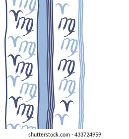 Seamless  vertical  pattern of zodiac signs, doodles,  object,aries,virgo, stripes, spot, copy space. Hand drawn.