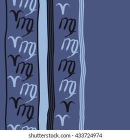 Seamless  vertical  pattern of zodiac signs, doodles,  object,aries,virgo, stripes, spot, copy space. Hand drawn.