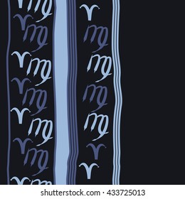 Seamless  vertical  pattern of zodiac signs, doodles,  object,aries,virgo, stripes, spot, copy space. Hand drawn.