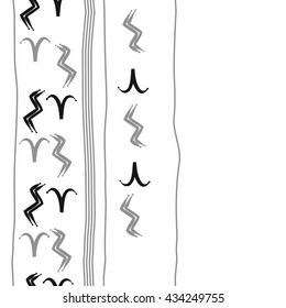 Seamless  vertical  pattern of zodiac signs, doodles,  object,aries,aquarius, stripes, copy space. Hand drawn.