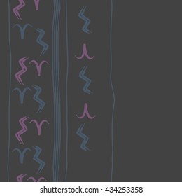 Seamless  vertical  pattern of zodiac signs, doodles,  object,aries,aquarius, stripes, copy space. Hand drawn.