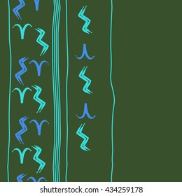Seamless  vertical  pattern of zodiac signs, doodles,  object,aries,aquarius, stripes, copy space. Hand drawn.