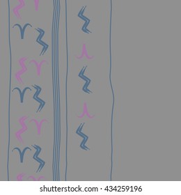 Seamless  vertical  pattern of zodiac signs, doodles,  object,aries,aquarius, stripes, copy space. Hand drawn.
