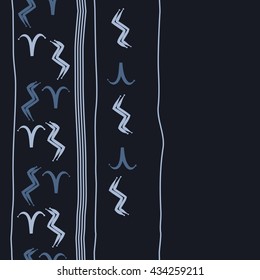 Seamless  vertical  pattern of zodiac signs, doodles,  object,aries,aquarius, stripes, copy space. Hand drawn.