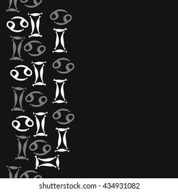 Seamless  vertical  pattern of zodiac signs, doodles,  object,gemini,cancer, copy space. Hand drawn.