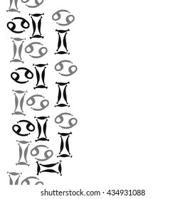 Seamless  vertical  pattern of zodiac signs, doodles,  object,gemini,cancer, copy space. Hand drawn.