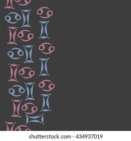 Seamless  vertical  pattern of zodiac signs, doodles,  object,gemini,cancer, copy space. Hand drawn.