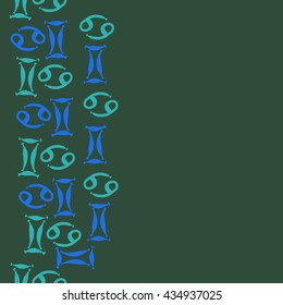 Seamless  vertical  pattern of zodiac signs, doodles,  object,gemini,cancer, copy space. Hand drawn.