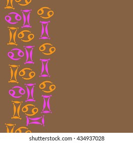 Seamless  vertical  pattern of zodiac signs, doodles,  object,gemini,cancer, copy space. Hand drawn.