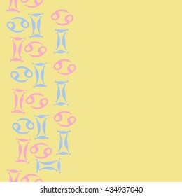 Seamless  vertical  pattern of zodiac signs, doodles,  object,gemini,cancer, copy space. Hand drawn.