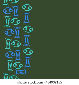 Seamless  vertical  pattern of zodiac signs, doodles,  object,gemini,cancer, copy space. Hand drawn.