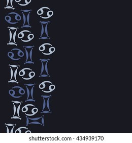 Seamless  vertical  pattern of zodiac signs, doodles,  object,gemini,cancer, copy space. Hand drawn.