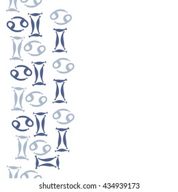 Seamless  vertical  pattern of zodiac signs, doodles,  object,gemini,cancer, copy space. Hand drawn.