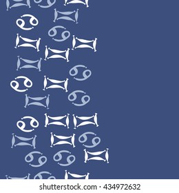 Seamless   vertical   pattern of zodiac signs, doodles,  object,gemini,cancer, copy space. Hand drawn.