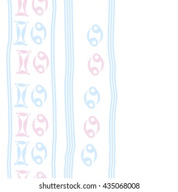 Seamless   vertical   pattern of zodiac signs, doodles,  object,gemini,cancer, stripes, copy space. Hand drawn.